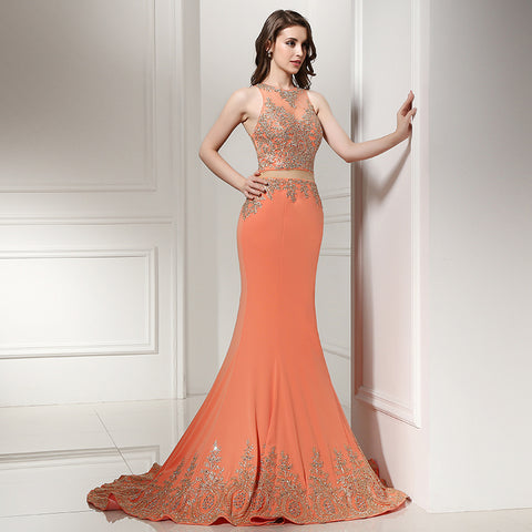 Glamorous Sleeveless Orange Mermaid Evening Gown with Exquisite Embellishments Prom Dress,LX227