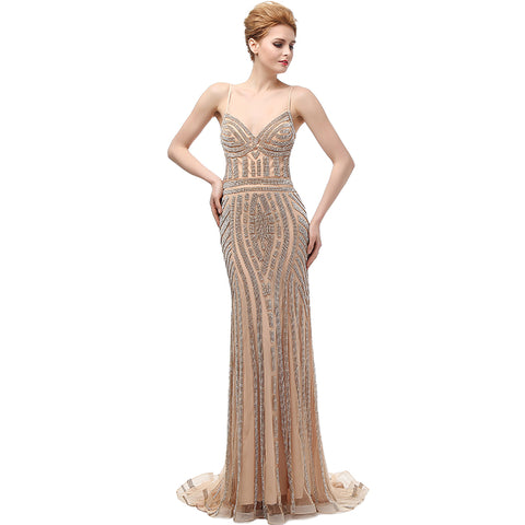 Glamorous Strappy V - Neck Mermaid Evening Gown with Exquisite Geometric Beadwork and Sheer Tulle Prom Dress,LX116