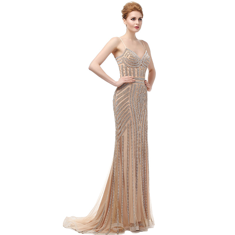 Glamorous Strappy V - Neck Mermaid Evening Gown with Exquisite Geometric Beadwork and Sheer Tulle Prom Dress,LX116