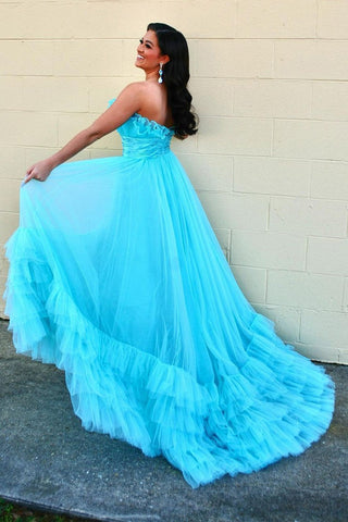 Cute Blue Strapless Ruffle Tiered Tulle Long Prom Dress