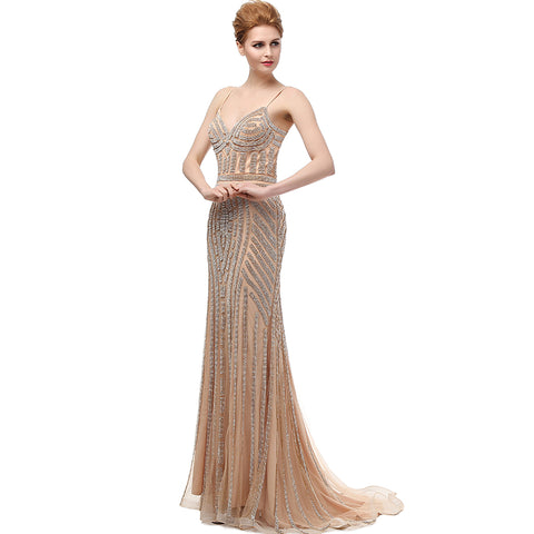 Glamorous Strappy V - Neck Mermaid Evening Gown with Exquisite Geometric Beadwork and Sheer Tulle Prom Dress,LX116