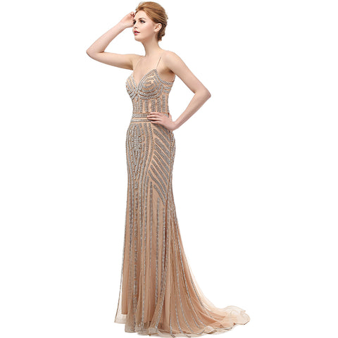 Glamorous Strappy V - Neck Mermaid Evening Gown with Exquisite Geometric Beadwork and Sheer Tulle Prom Dress,LX116