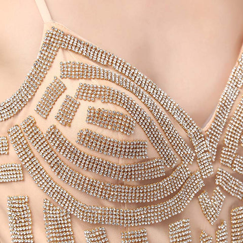 Glamorous Strappy V - Neck Mermaid Evening Gown with Exquisite Geometric Beadwork and Sheer Tulle Prom Dress,LX116