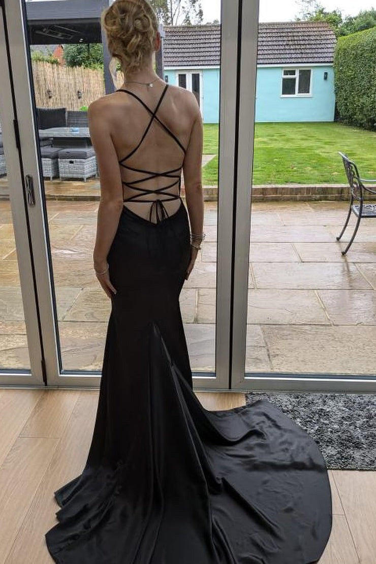 Charming V Neck Black Satin Long Mermaid Prom Dresses