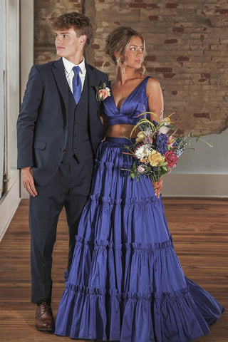 Dark Blue Two Piece V Neck Long Prom Dress