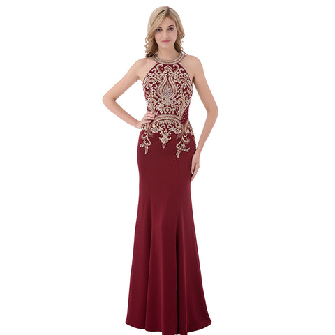 Exquisite Burgundy Halter Mermaid Gown with Intricate Gold Embroidery Prom Dress,LX440
