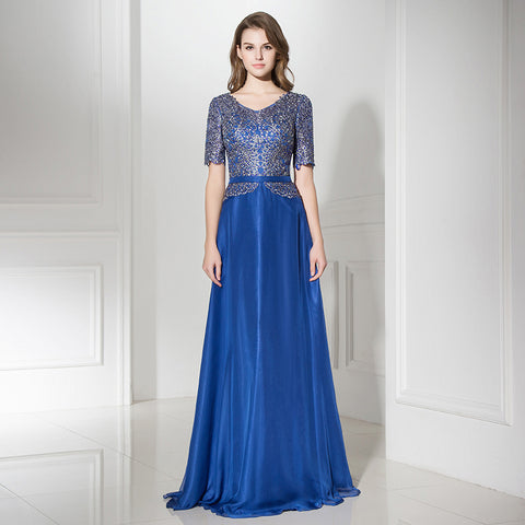 Glamorous Short - Sleeved Blue Gown with Sequin Embellished Bodice and Flowing Prom Dress,LX380