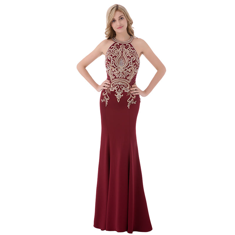 Exquisite Burgundy Halter Mermaid Gown with Intricate Gold Embroidery Prom Dress,LX440