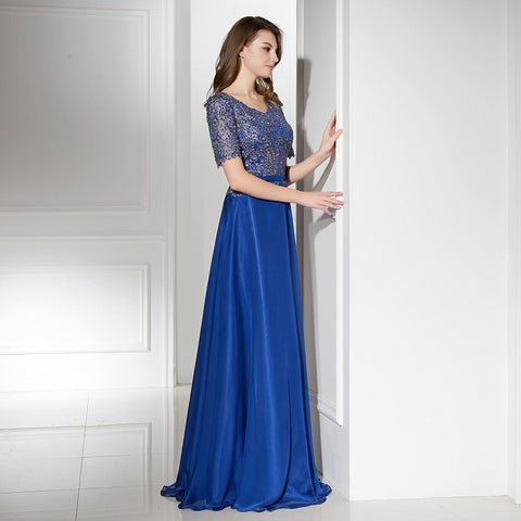 Glamorous Short - Sleeved Blue Gown with Sequin Embellished Bodice and Flowing Prom Dress,LX380
