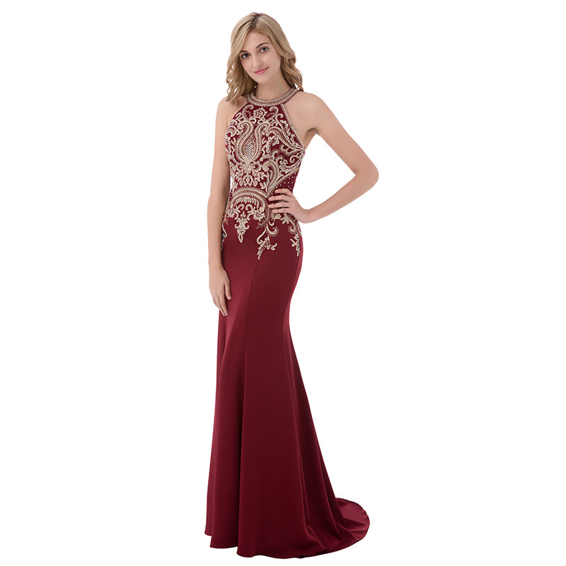 Exquisite Burgundy Halter Mermaid Gown with Intricate Gold Embroidery Prom Dress,LX440