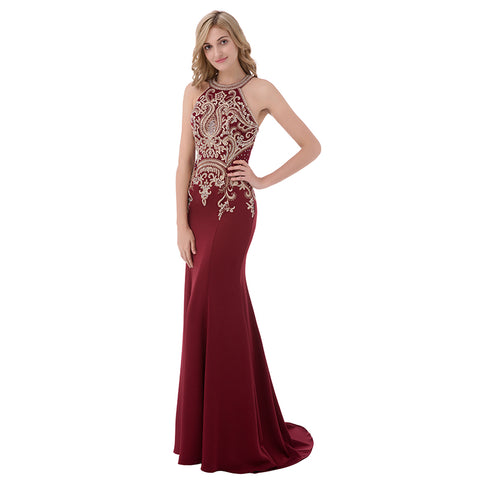 Exquisite Burgundy Halter Mermaid Gown with Intricate Gold Embroidery Prom Dress,LX440