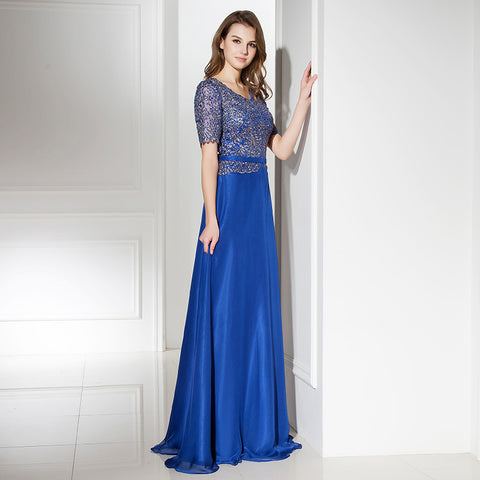 Glamorous Short - Sleeved Blue Gown with Sequin Embellished Bodice and Flowing Prom Dress,LX380