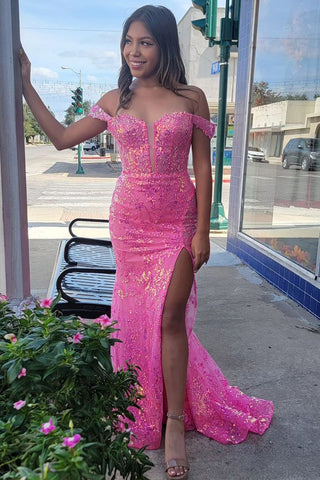 Pink Mermaid  Off the Shoulder Sequin Lace Long Prom Dresses