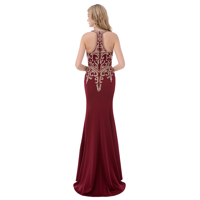 Exquisite Burgundy Halter Mermaid Gown with Intricate Gold Embroidery Prom Dress,LX440