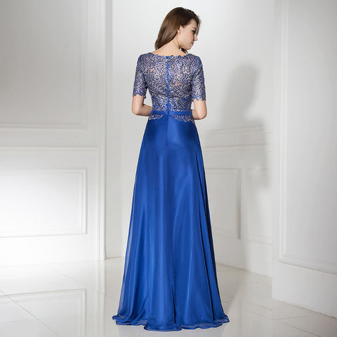 Glamorous Short - Sleeved Blue Gown with Sequin Embellished Bodice and Flowing Prom Dress,LX380