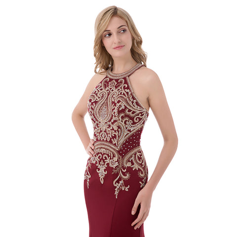 Exquisite Burgundy Halter Mermaid Gown with Intricate Gold Embroidery Prom Dress,LX440