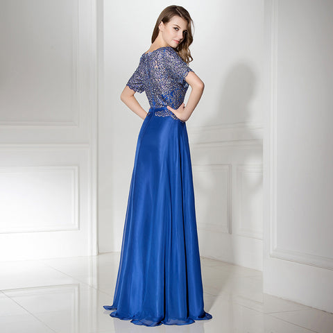 Glamorous Short - Sleeved Blue Gown with Sequin Embellished Bodice and Flowing Prom Dress,LX380