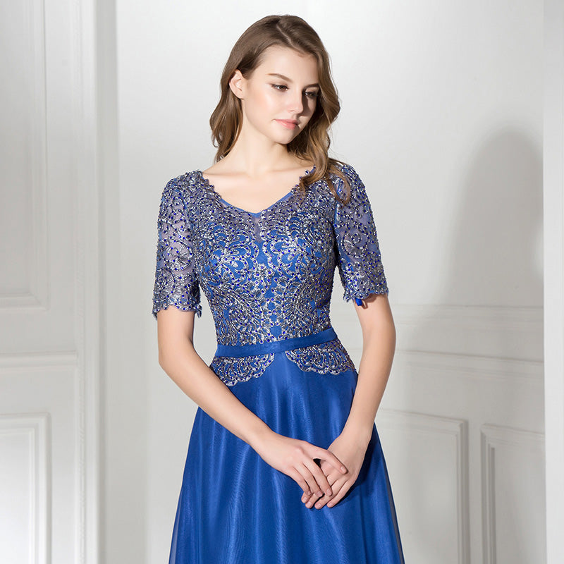 Glamorous Short - Sleeved Blue Gown with Sequin Embellished Bodice and Flowing Prom Dress,LX380