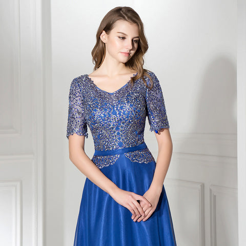 Glamorous Short - Sleeved Blue Gown with Sequin Embellished Bodice and Flowing Prom Dress,LX380