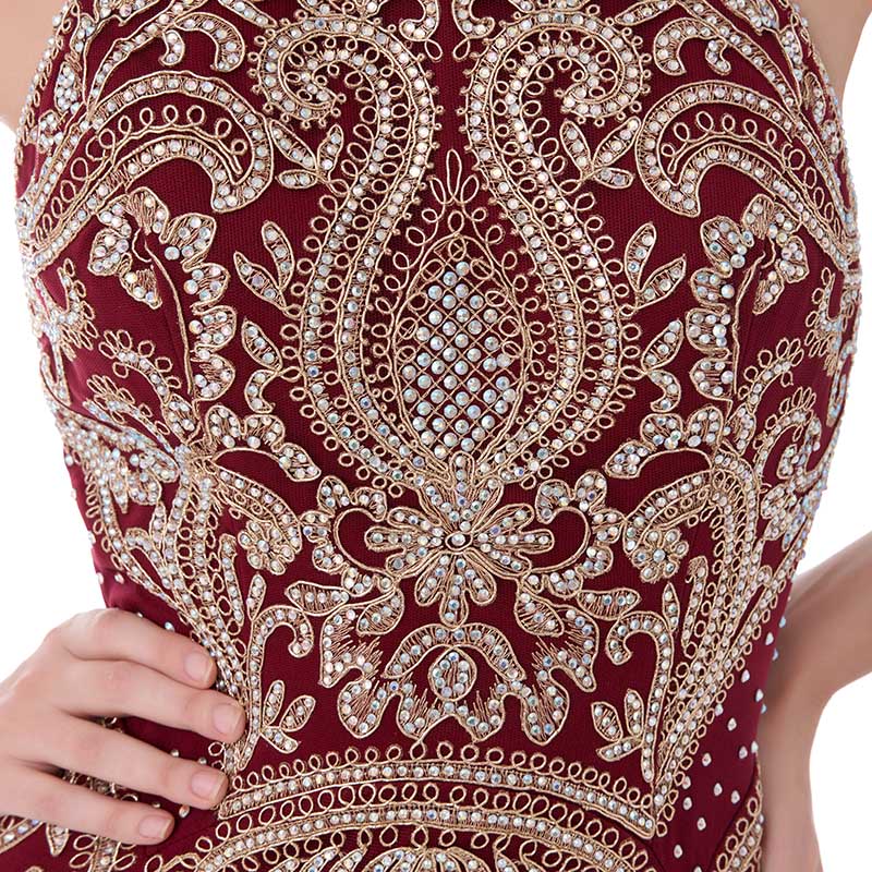 Exquisite Burgundy Halter Mermaid Gown with Intricate Gold Embroidery Prom Dress,LX440