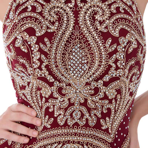Exquisite Burgundy Halter Mermaid Gown with Intricate Gold Embroidery Prom Dress,LX440