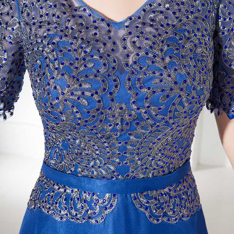 Glamorous Short - Sleeved Blue Gown with Sequin Embellished Bodice and Flowing Prom Dress,LX380