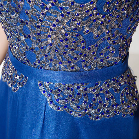 Glamorous Short - Sleeved Blue Gown with Sequin Embellished Bodice and Flowing Prom Dress,LX380