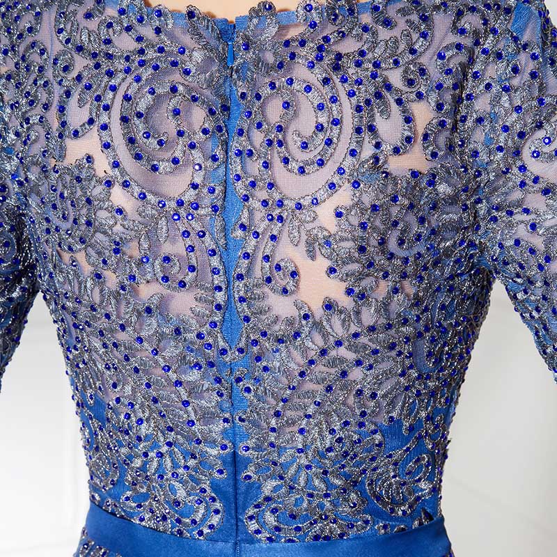 Glamorous Short - Sleeved Blue Gown with Sequin Embellished Bodice and Flowing Prom Dress,LX380
