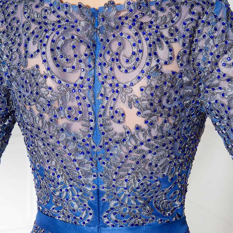Glamorous Short - Sleeved Blue Gown with Sequin Embellished Bodice and Flowing Prom Dress,LX380