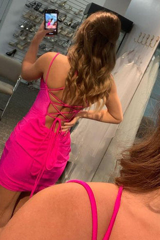Sheath Spaghetti Straps Short Homecoming Dress with Criss Cross Back