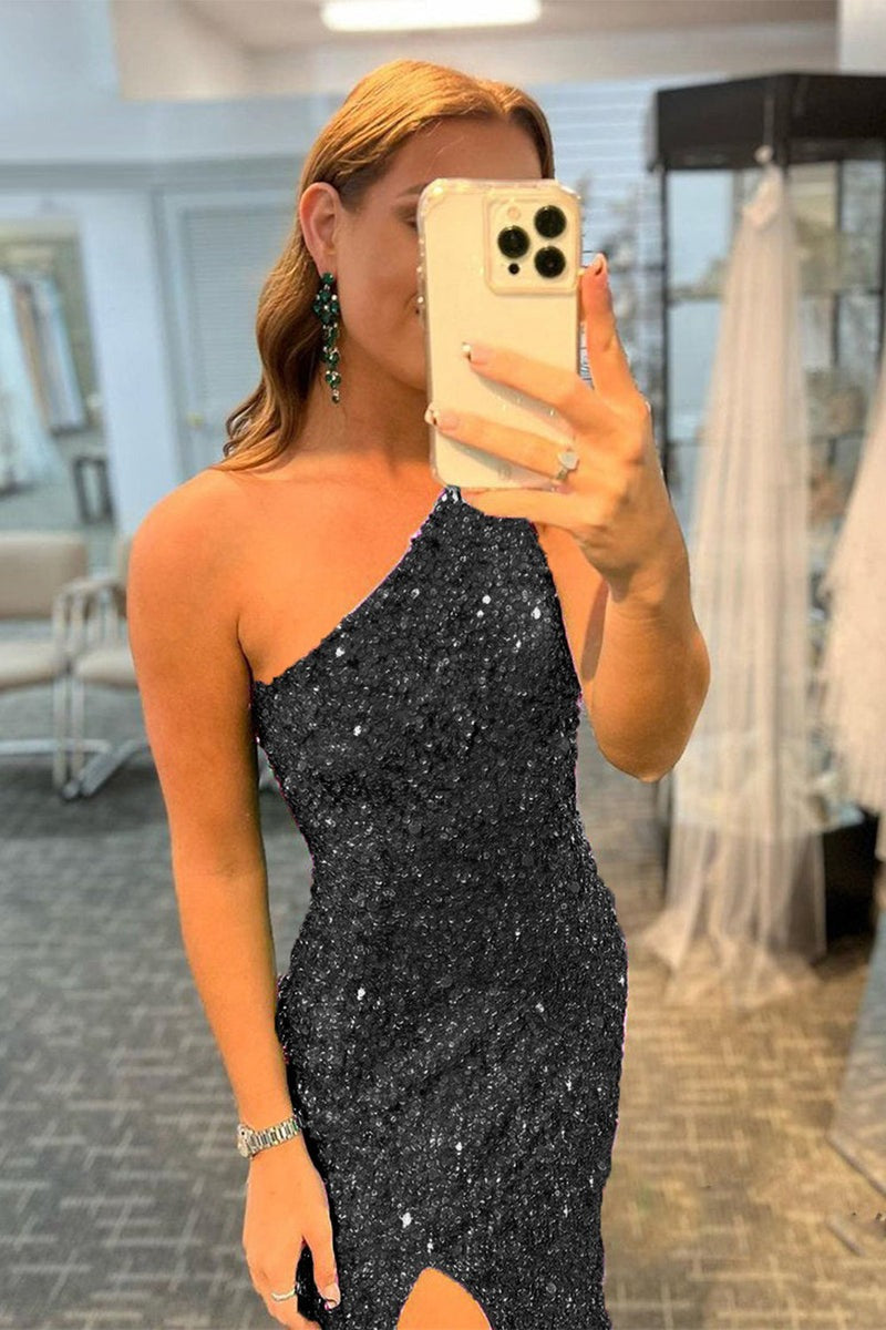 Long Glitter Black Sequins  Prom Dress with Slit