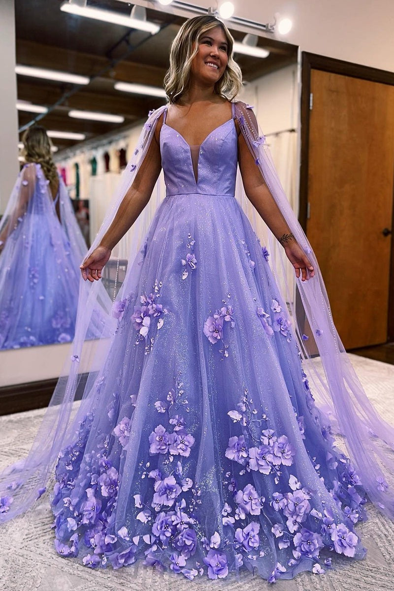 A-Line Lavender 3D Floral Lace  with Cape Sleeves Prom Dress