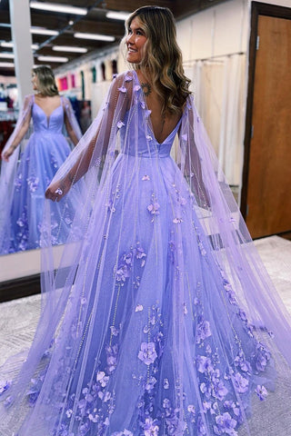 A-Line Lavender 3D Floral Lace  with Cape Sleeves Prom Dress