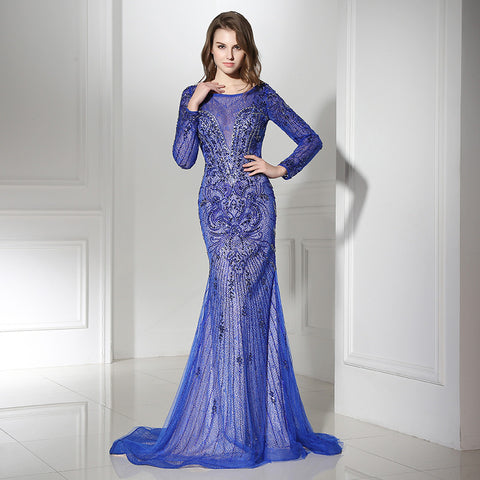 Glamorous Long - Sleeved Blue Mermaid Gown with Intricate Sequin Embroidery Prom Dress,LX366