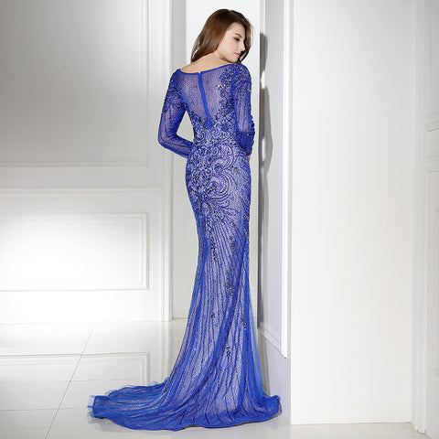Glamorous Long - Sleeved Blue Mermaid Gown with Intricate Sequin Embroidery Prom Dress,LX366