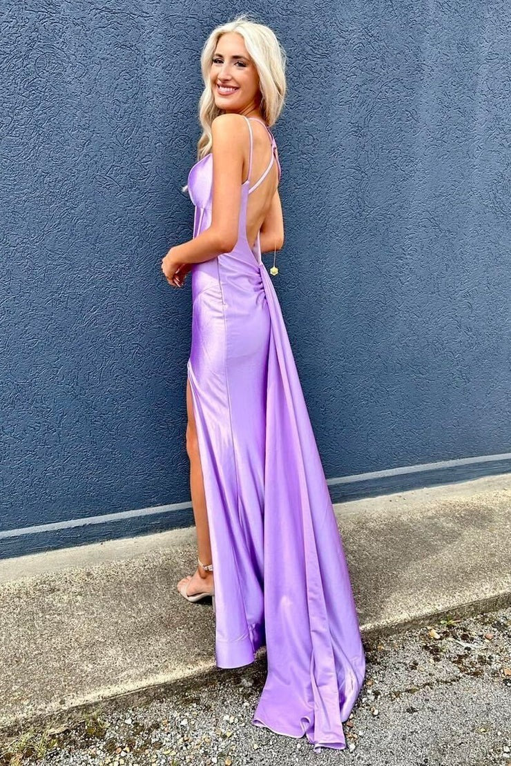V Neck Lilac Satin Mermaid Long Prom Dress with Slit, PD25153