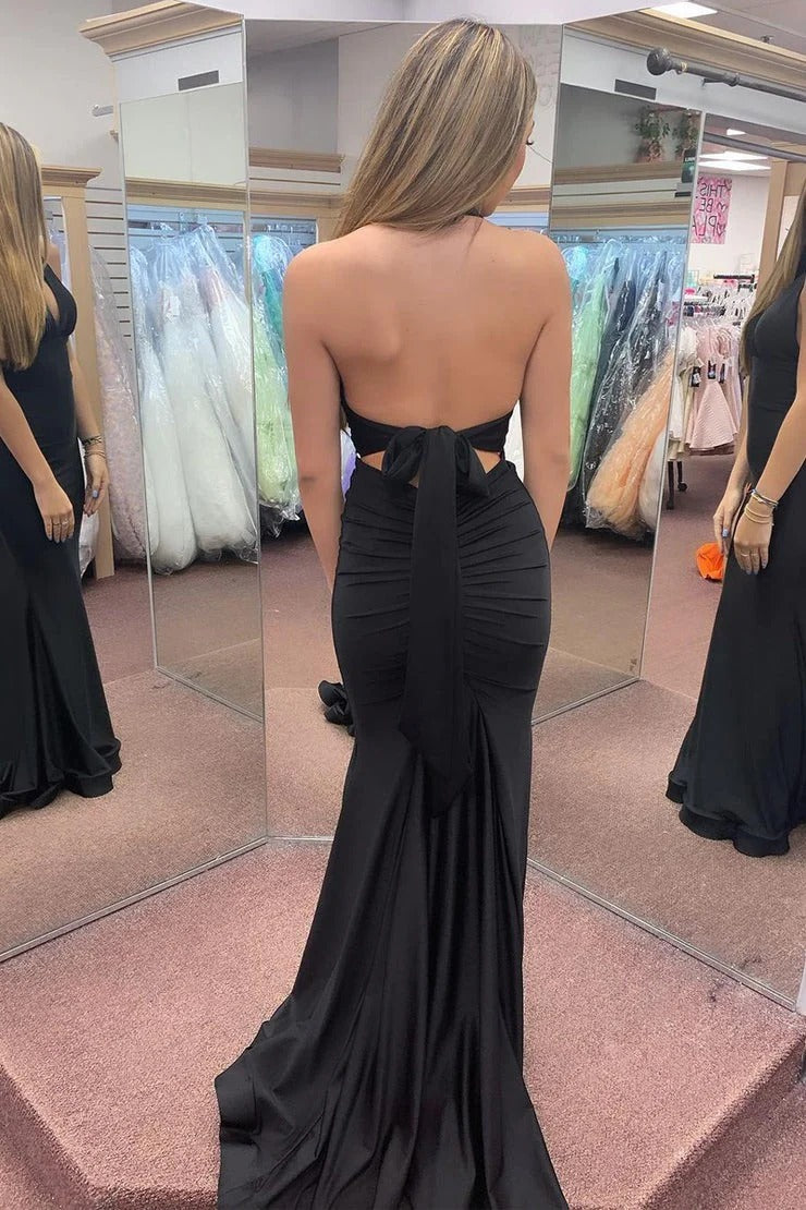 Black Satin Halter Backless Mermaid Long Prom Dress, PD25219