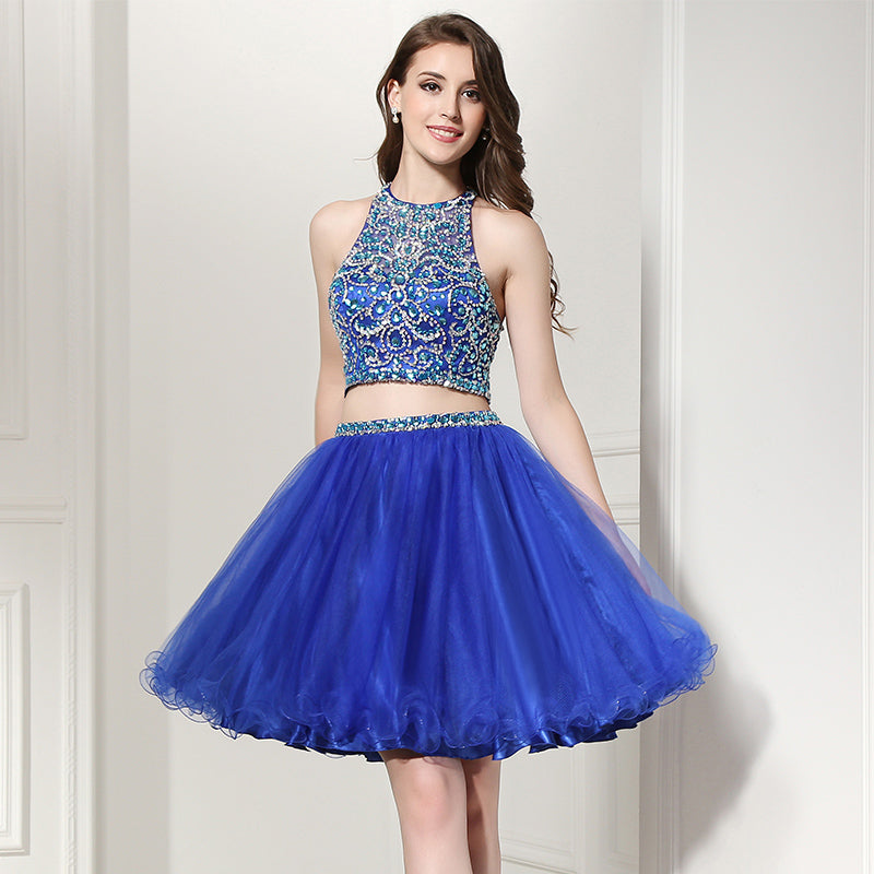 Glamorous Blue Halter - Neck Embellished Crop Top with Tulle Prom Dress, LX206