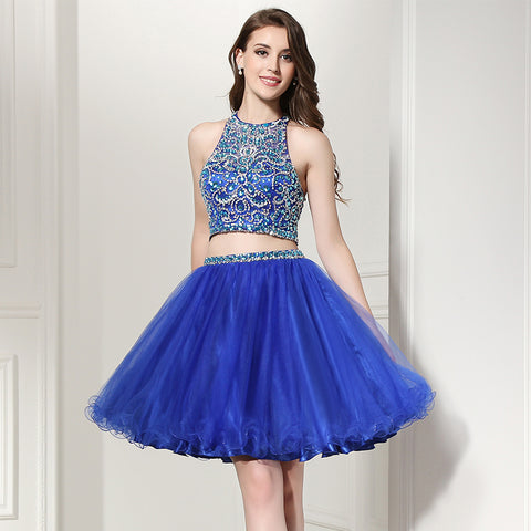 Glamorous Blue Halter - Neck Embellished Crop Top with Tulle Prom Dress, LX206