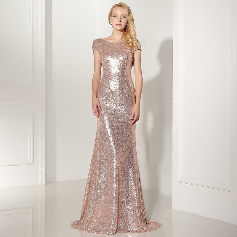 Sparkling Rose Gold Short - Sleeved Mermaid Evening Gown Prom Dress, SD347