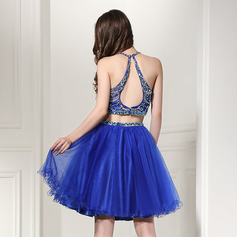 Glamorous Blue Halter - Neck Embellished Crop Top with Tulle Prom Dress, LX206
