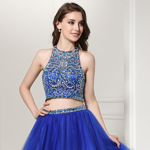 Glamorous Blue Halter - Neck Embellished Crop Top with Tulle Prom Dress, LX206