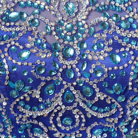 Glamorous Blue Halter - Neck Embellished Crop Top with Tulle Prom Dress, LX206