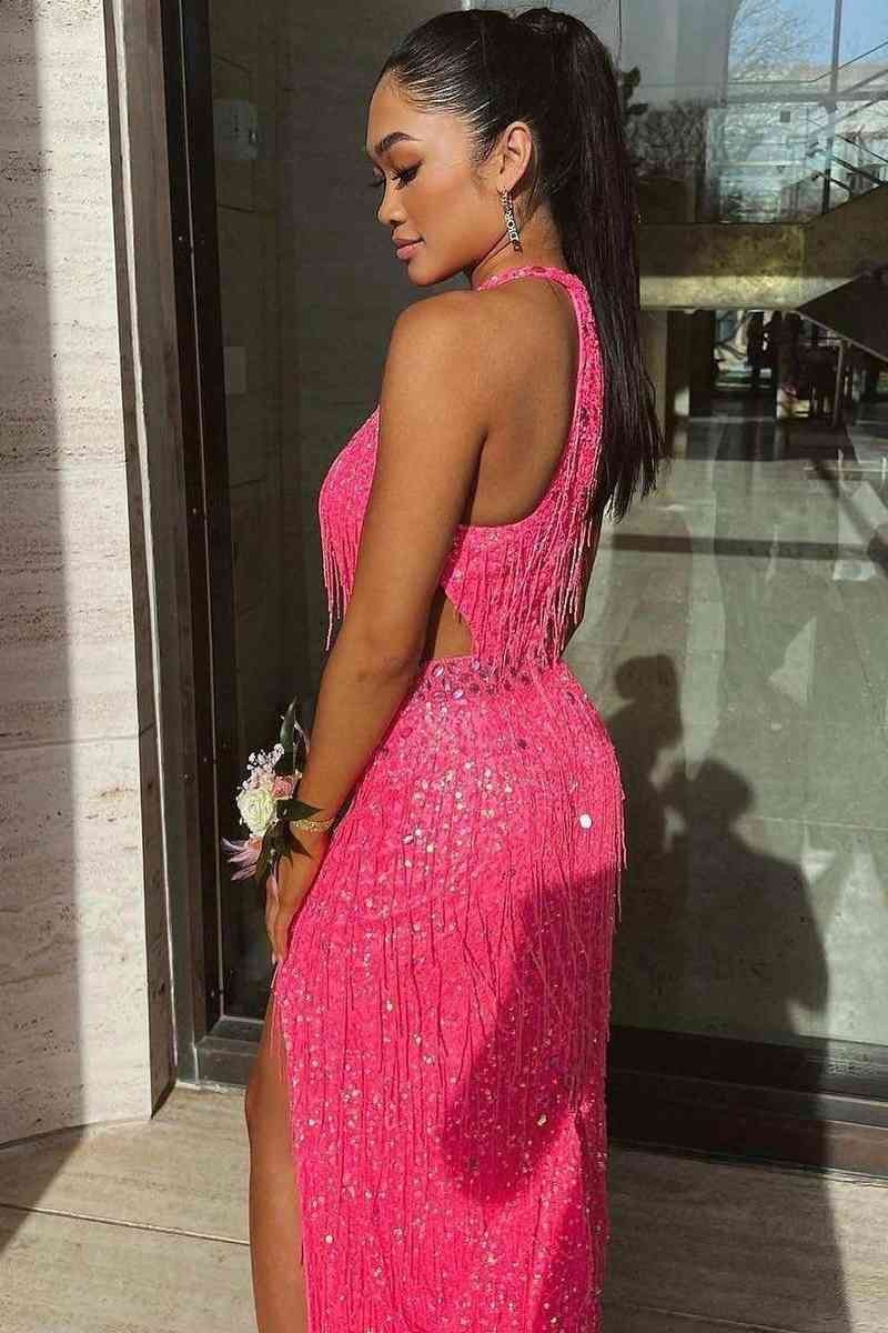 Plunging Black Side Cut-Out  V-Neck Long Prom Dress with Fringe