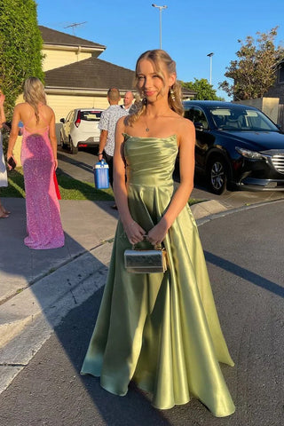 Strapless A Line Sage Satin Prom Dresses, PD25006