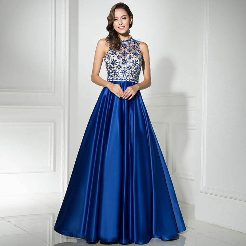 Elegant Halter - Neck Blue Satin Gown with Floral Embroidered Bodice Prom Dress,LX318