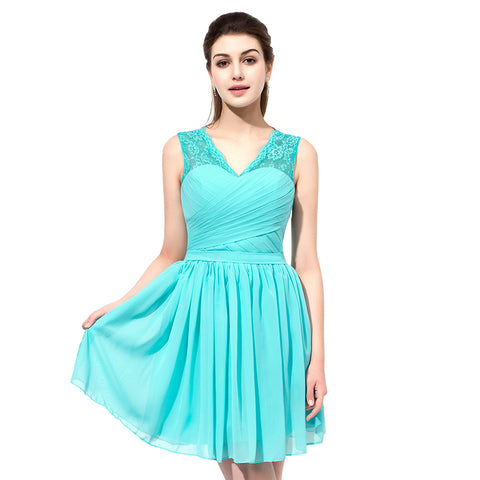 Chic Turquoise Sleeveless V - neck Lace - trimmed Chiffon Prom Dress, SD358