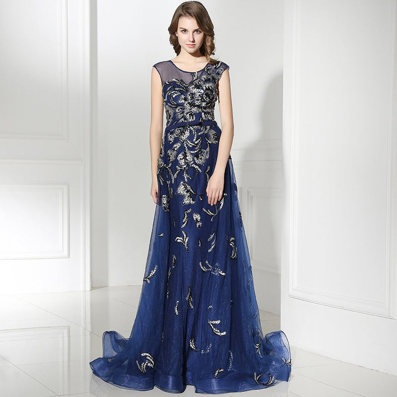 Elegant Sleeveless Navy Blue Gown with Silver Floral Embroidery and Flowing Tulle Prom Dress,LX382