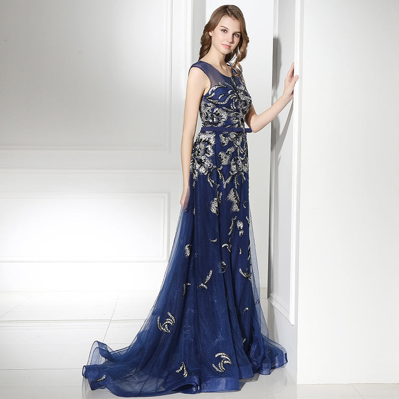Elegant Sleeveless Navy Blue Gown with Silver Floral Embroidery and Flowing Tulle Prom Dress,LX382