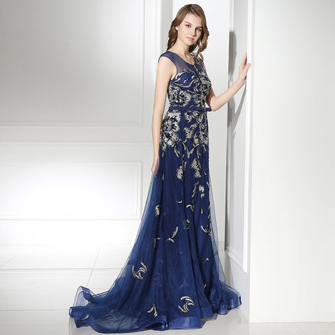 Elegant Sleeveless Navy Blue Gown with Silver Floral Embroidery and Flowing Tulle Prom Dress,LX382